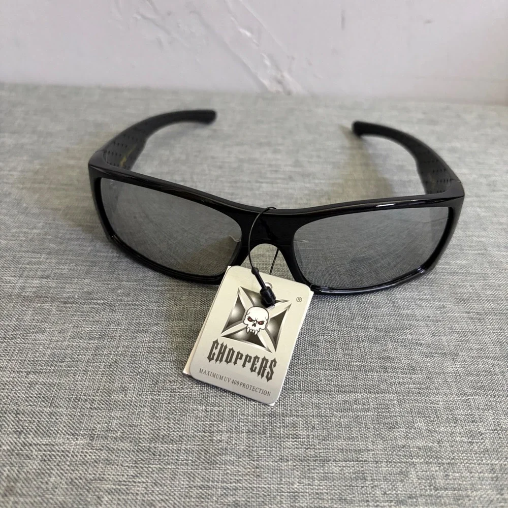 Choppers Sunglasses Mens OS Black Silver 6775-SLV Skull Graphic Wrap Biker Y2K